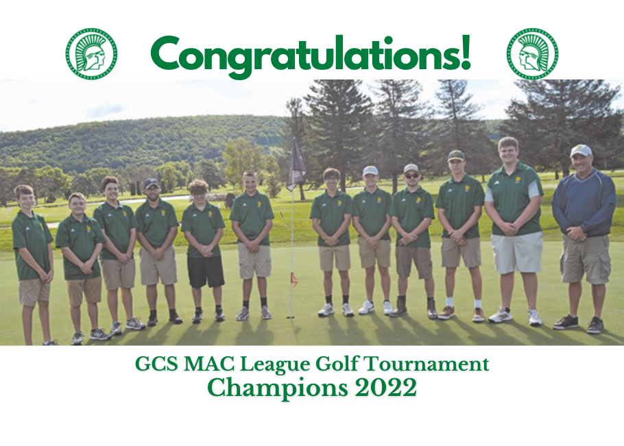 Photo of GCS Golf team with graphic overlay: &#34;Congratulations GCS MAC League Golf Tournament Champions 2022&#34;